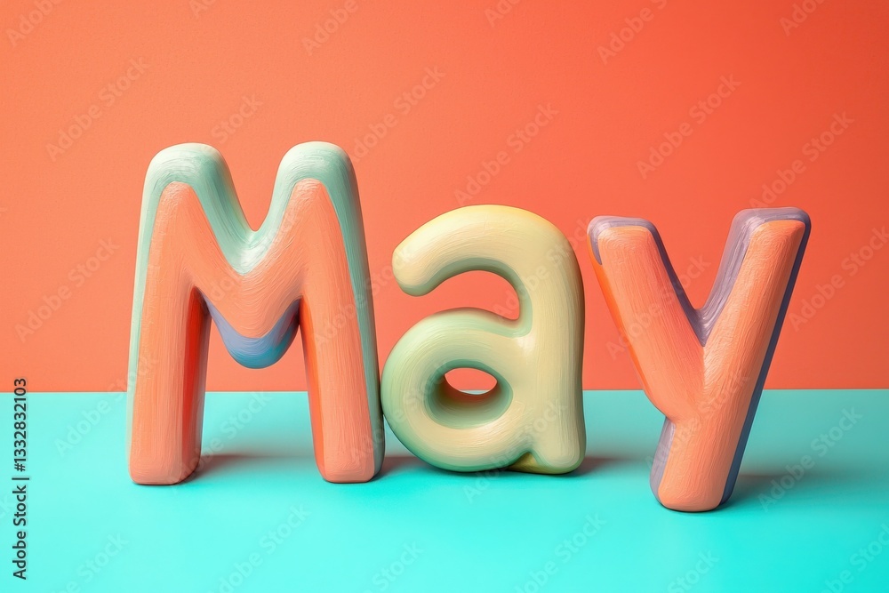 Bright and colorful letters spell out May in a playful font. The letters are placed against a vibrant coral and teal background, creating a lively and cheerful ambiance.