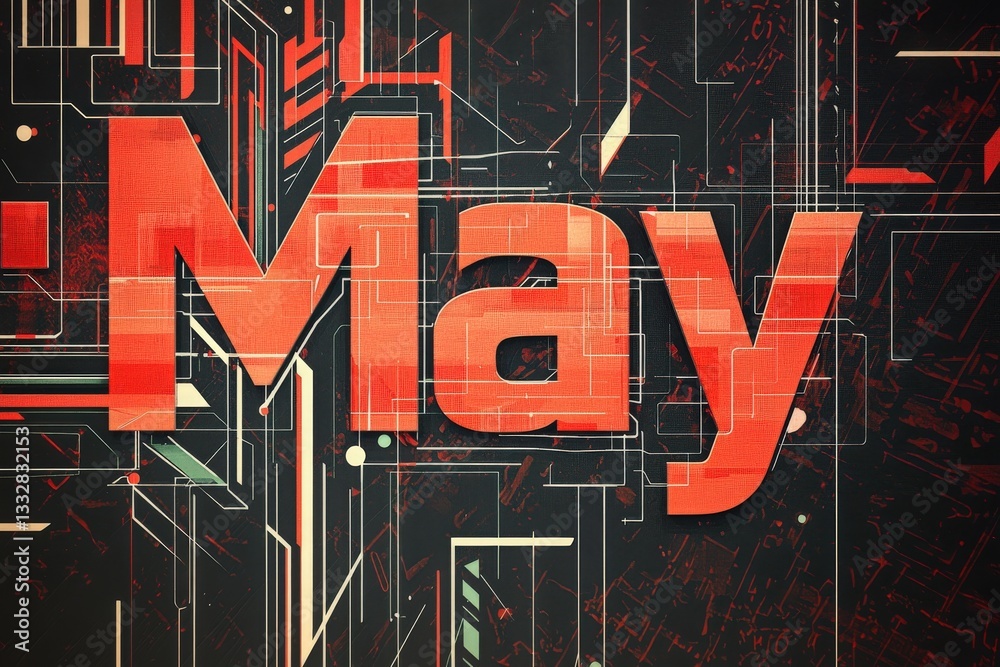Bold lettering of the word May features striking red hues against a dark background filled with intricate geometric designs. The composition exudes a modern, tech-inspired vibe.