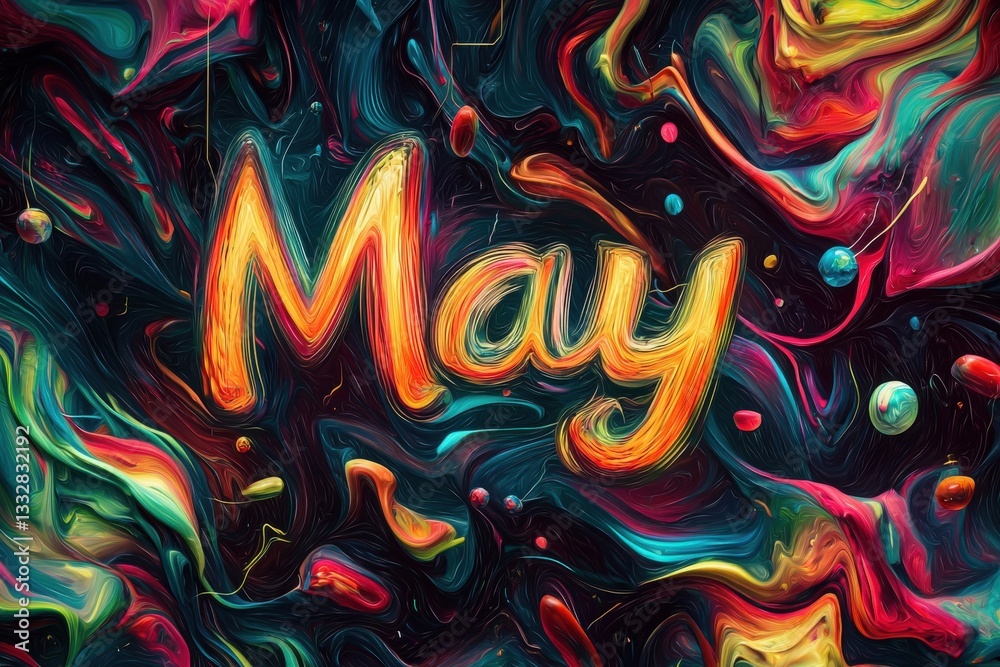 Bold lettering spells out May against a swirling backdrop of vibrant colors and intricate patterns. The artwork features rich textures and a lively mix of hues that create a captivating effect.