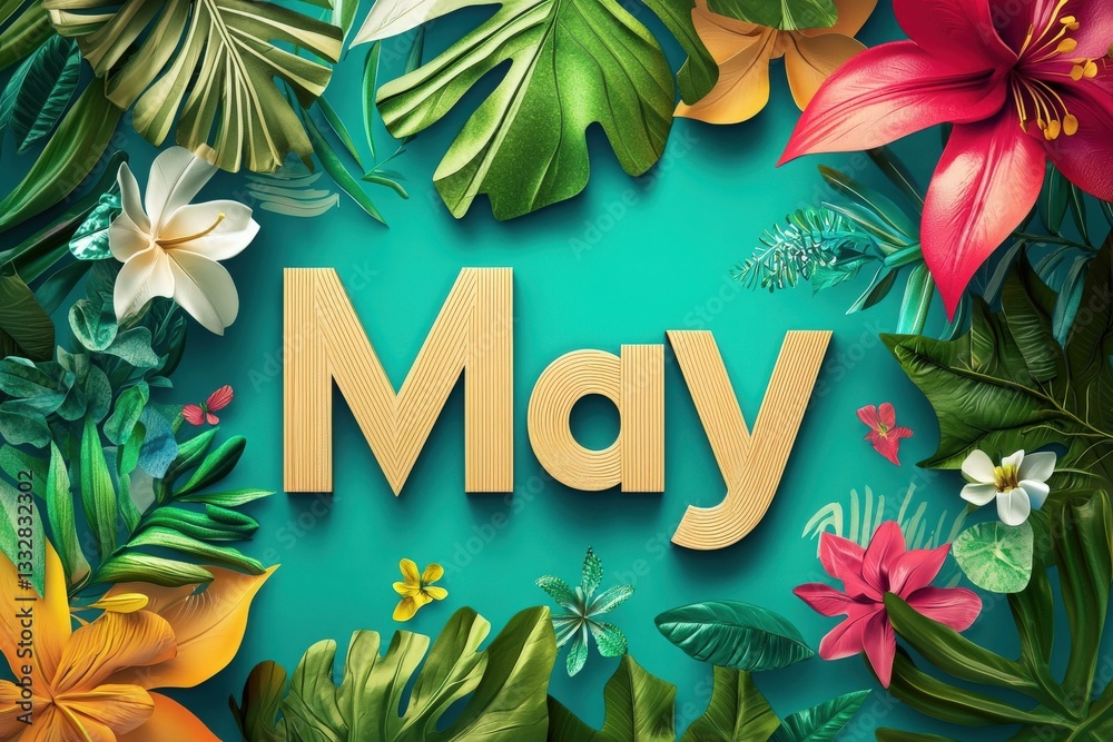 A vibrant composition blends natural textures and colors highlighting the month of May. Tropical leaves and flowers surround bold lettering, creating an inviting atmosphere of spring.
