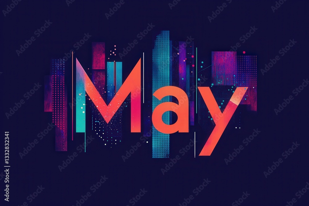 The artwork features the word May in bold letters surrounded by vibrant abstract shapes and colors. The design creates a dynamic and contemporary atmosphere, perfect for welcoming the month.