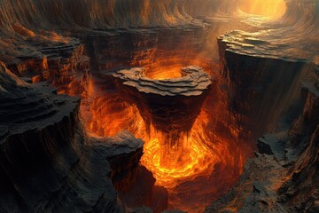 Poster - A fiery volcanic chasm with a central rock formation, glowing lava filling the deep canyon.