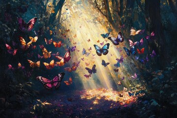 Poster - Magical forest pathway illuminated by sunlight, filled with vibrant butterflies fluttering through the trees.