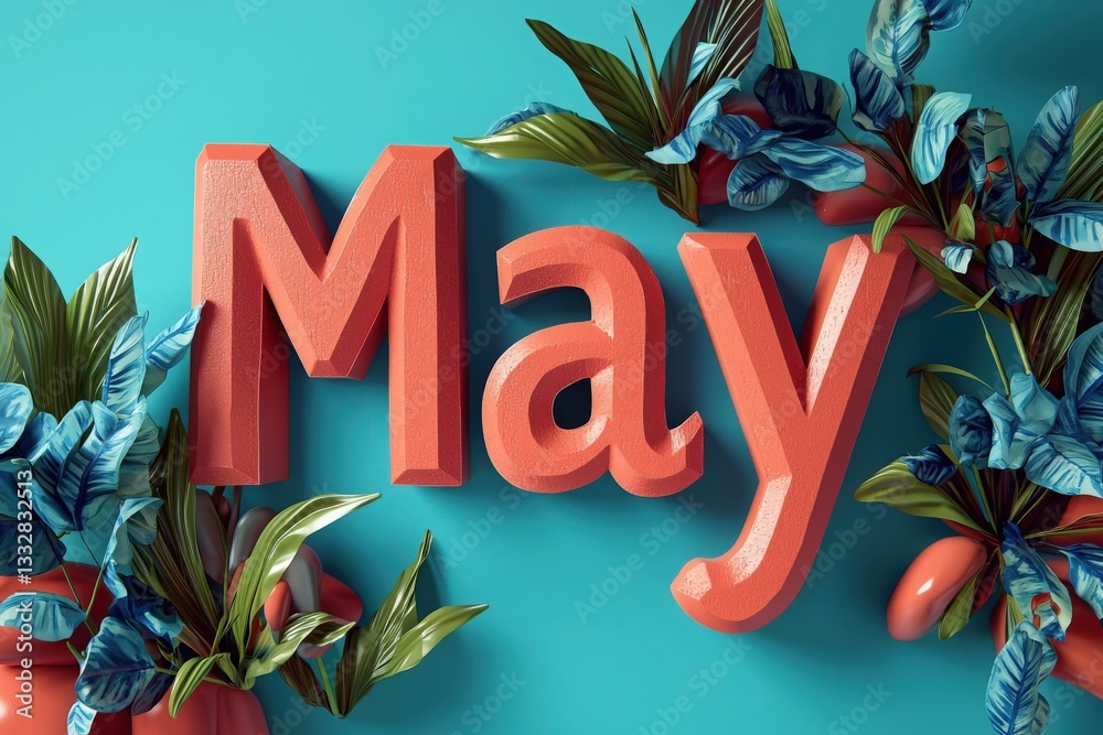 A bold May in coral color is surrounded by rich blue leaves and plants against a bright blue backdrop, creating a lively and fresh atmosphere perfect for spring.