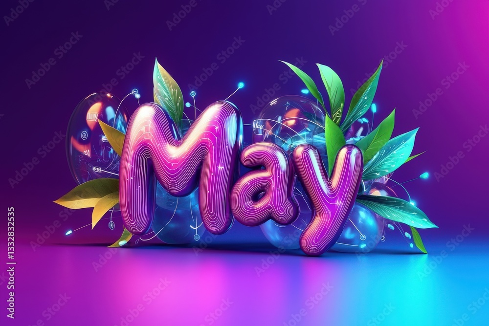 Bold and glossy letters spell out May, surrounded by green leaves and glowing orbs. The design features a lively purple backdrop, creating an energetic and fresh atmosphere.