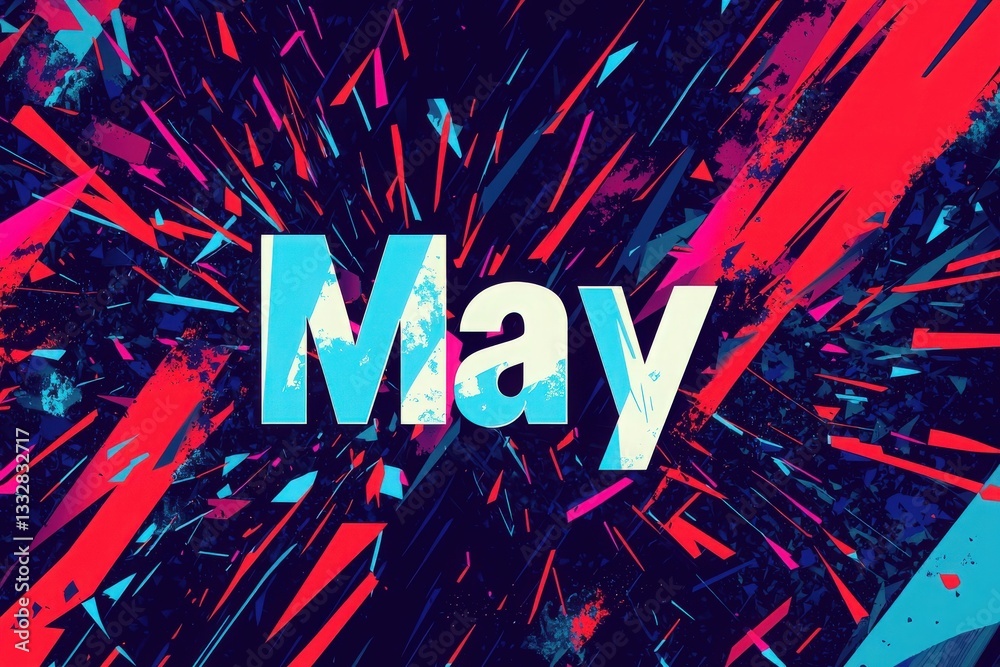 Bright and colorful abstract design represents the month of May with explosive patterns and striking contrasts. The artwork combines various shades to create an energetic atmosphere.