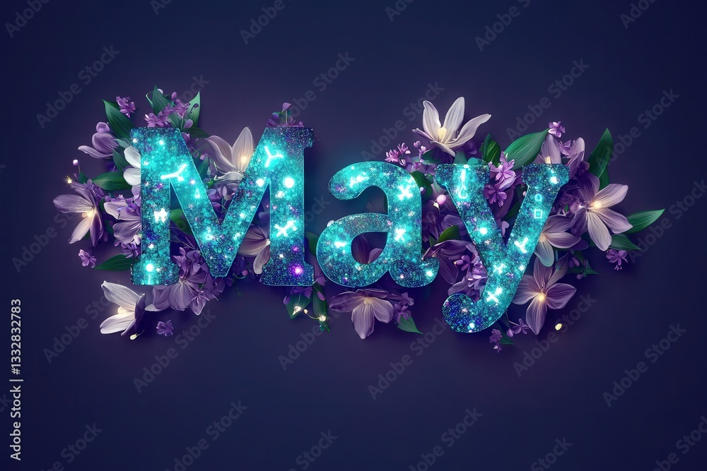 A colorful display features the word May surrounded by an array of purple and white flowers. The text sparkles with a dazzling effect, creating a festive spring atmosphere.