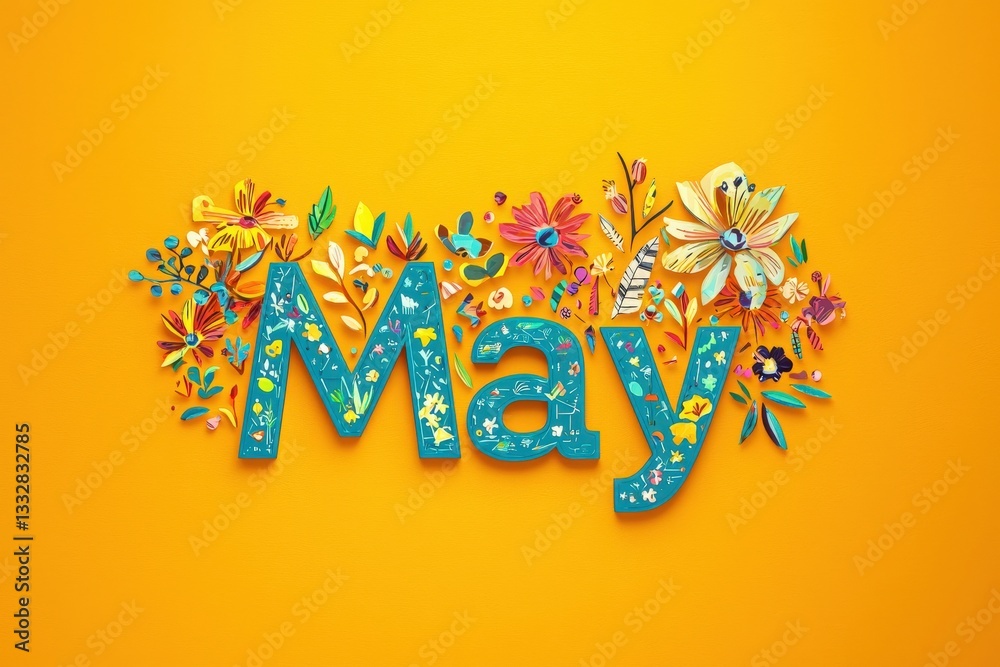 The design features the word May crafted from colorful paper cut-outs, adorned with various flower and leaf shapes.