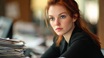 Poster - Caucasian businesswoman engaged in financial data processing at a modern office setting, financial data processing over caucasian businesswoman in office