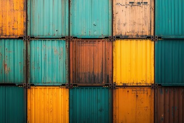 Poster - A colorful array of stacked shipping containers, showcasing diverse hues and textures of weathered metal.