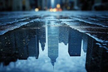 Poster - Upside-down city skyline reflected in a rain puddle on a city street.
