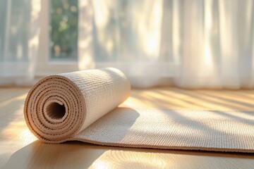 Poster - Rolled yoga mat on wooden floor near bright window, morning sunlight.