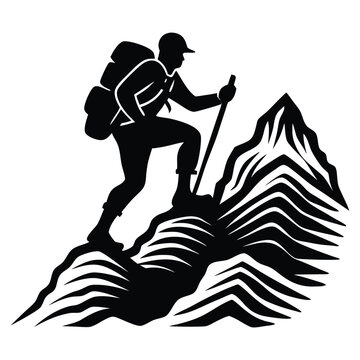 Man hiking mountain with stick silhouette, Black silhouette of a man climbing a mountain