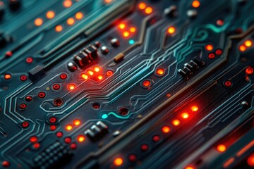 Poster - Close-up of illuminated circuit board showcasing intricate electronic pathways and glowing components.