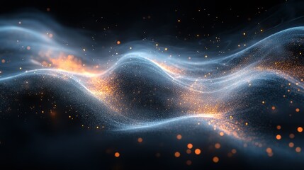 Wall Mural - Abstract digital art of swirling, luminous waves of particles.  Intricate patterns of shimmering, ethereal substance against a dark background.  Flames of energy weave through the textures