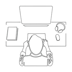 Aufkleber - Minimalist Line Art Desk, Computer, Person, Work, Office, Headphones, Productivity, Focus, Design, W