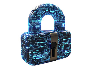 Poster - Futuristic digital padlock glowing with vibrant blue circuit patterns.  Represents cybersecurity, data protection, and technological innovation.