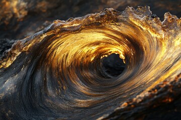 Aufkleber - A mesmerizing swirl of dark, golden rock resembling a frozen ocean wave, illuminated by sunlight.