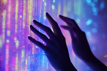 silhouetted hands interacting with a vibrant, colorful digital interface, evoking futuristic technol