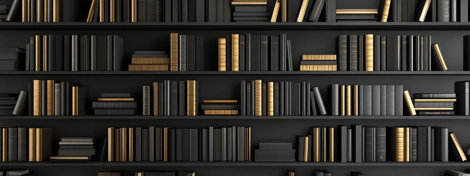 Black bookshelf with many books, 3D rendered illustration, front view, seamless background