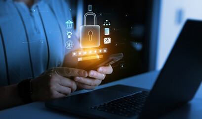 Poster - Network security system. Personal Data information on smartphone.Information and cyber security technology services. Protecting herself from cyber attacks and personal data