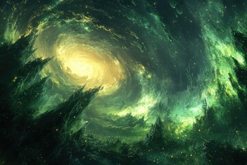 Poster - A swirling nebula of vibrant greens and golds, illuminating a fantastical alien landscape.