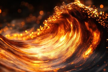 Poster - A fiery golden wave crests, illuminated by sunlight, showcasing its textured surface and dynamic energy.