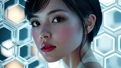 Poster - Intricate hexagonal structures create an abstract backdrop for a contemplative figure in a modern setting, Abstract hexagonal background CGI render