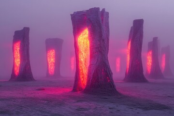 Aufkleber - Glowing pillars of light rise from a misty, alien landscape, creating an ethereal and mysterious scene.