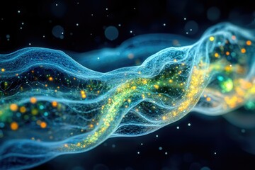 Poster - Abstract digital art depicting a flowing, luminous energy stream with vibrant particles.