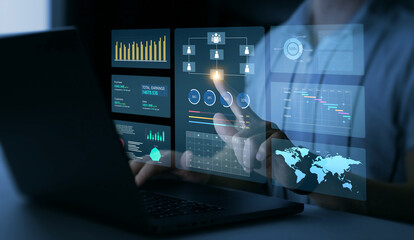 Fototapete - KPI dashboard.Financial business data analytics graph dashboard. Management data System KPI connected in database for follow earnings,operations and sales data.	