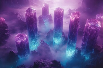 Aufkleber - Glowing purple and blue crystal pillars rise from a misty, rocky landscape in a surreal, otherworldly scene.