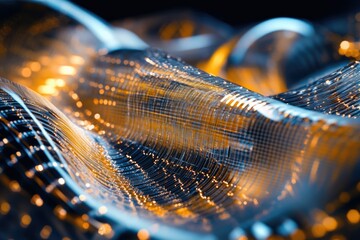 Fototapete - Abstract image of a woven, metallic, flowing fabric with glowing, golden highlights.