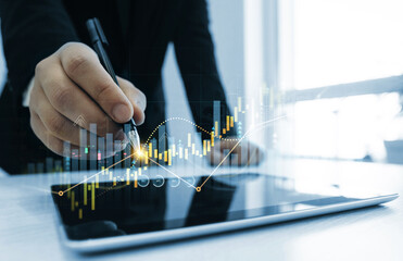 Aufkleber - Business strategy and data on economic growth graph chart. Business finance growth and graph chart diagram and analysing sale data.Analysis finance grow graph and market investment.	