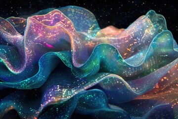 Poster - Iridescent fabric folds like celestial waves, shimmering with cosmic dust and ethereal glow.
