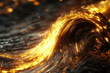 Poster - A fiery, golden wave crashes, showcasing its textured surface and glowing light.