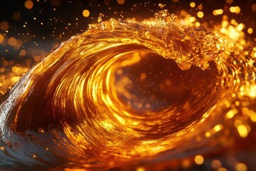 Poster - A mesmerizing golden wave, illuminated, with water droplets and bokeh effects creating a vibrant, dynamic scene.
