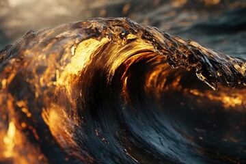 Poster - Golden hour illuminates a powerful ocean wave, showcasing its texture and translucent beauty.
