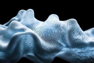 Poster - Abstract 3D rendering of a flowing, perforated, light blue surface with undulating texture.