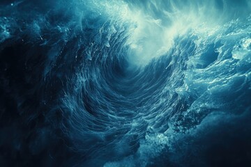 Poster - A powerful, deep ocean wave crashes, creating a mesmerizing swirl of blue water.