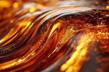 Poster - Abstract close-up of amber liquid, swirling and reflecting light, creating a luxurious and vibrant texture.