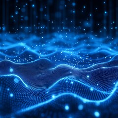 Poster - Blue Data Stream: An Abstract Digital Wave with Flowing Particle Network in a Tech Landscape