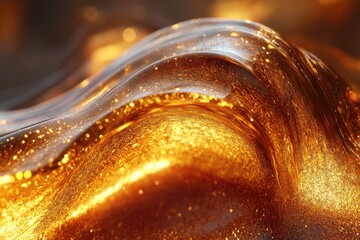 Poster - Golden liquid flowing in waves, shimmering with glitter, luxurious and rich texture.