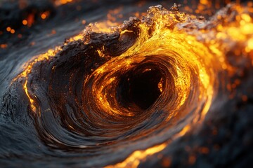 Poster - Fiery vortex of water, swirling into a dark abyss, illuminated with intense golden light.