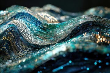 Fototapete - Abstract digital landscape of flowing turquoise and gold waves, resembling intricate circuitry.