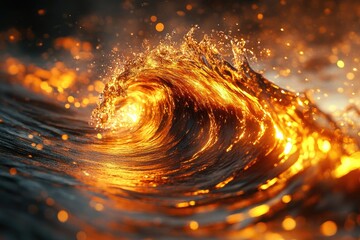 Aufkleber - A fiery, glowing ocean wave crashes, illuminated by golden light, creating a surreal and mesmerizing spectacle.