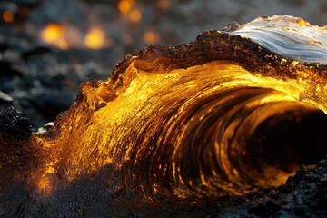 Aufkleber - Glowing golden lava flows like a wave, creating a mesmerizing natural art piece.