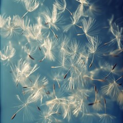 Poster - Drifting Dreams: A Whimsical Dance of Dandelion Seeds Against a Serene Blue Sky Canvas