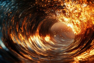 Poster - A mesmerizing golden wave curls, sunlight illuminating its watery depths, creating a breathtaking spectacle.