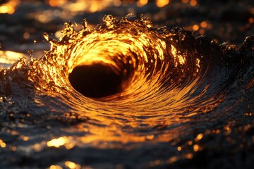 Poster - A mesmerizing golden wave curls, illuminated by the setting sun, creating a fiery spectacle of nature's beauty.